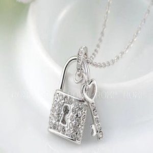 Love Lock & Key Crystal Chain Multi Statement Necklace Pendent Collar - Silver